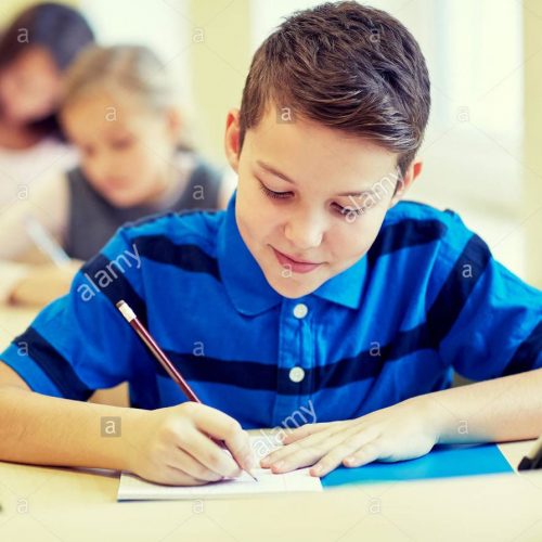 group-of-school-kids-writing-test-in-classroom-F6W9XH